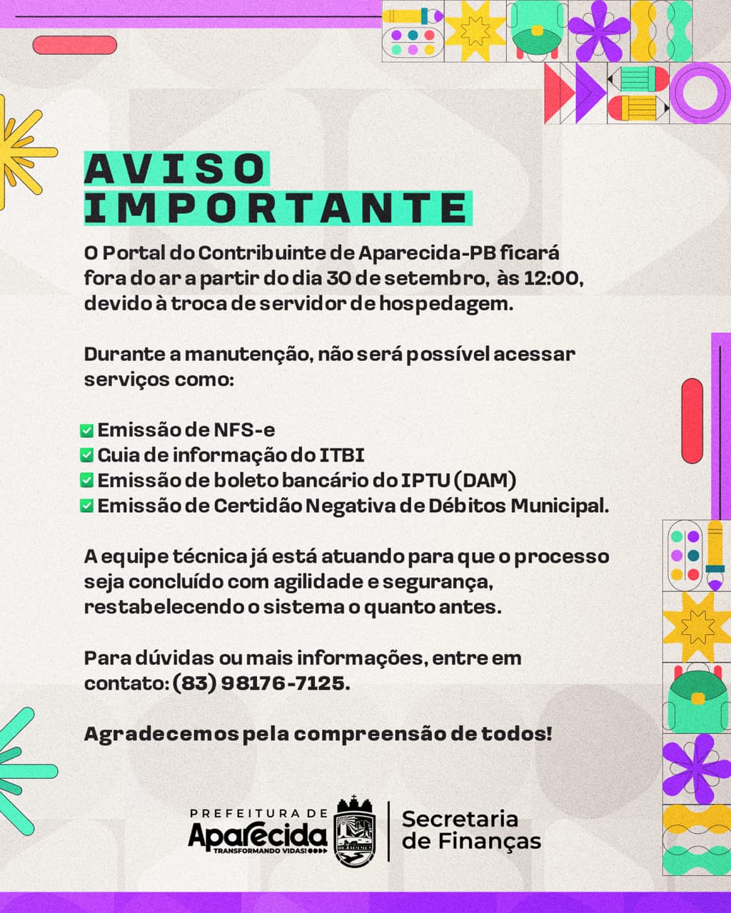 AVISO IMPORTANTE - Portal do Contribuinte