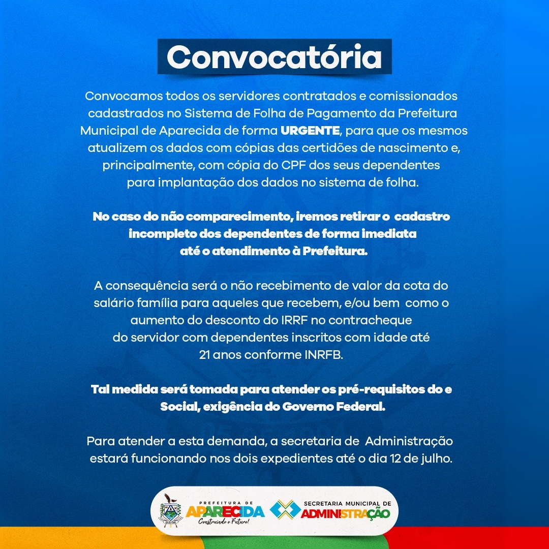 Convocação: Servidores contratados e comissionados cadastrados no sistema de folha de pagamento
